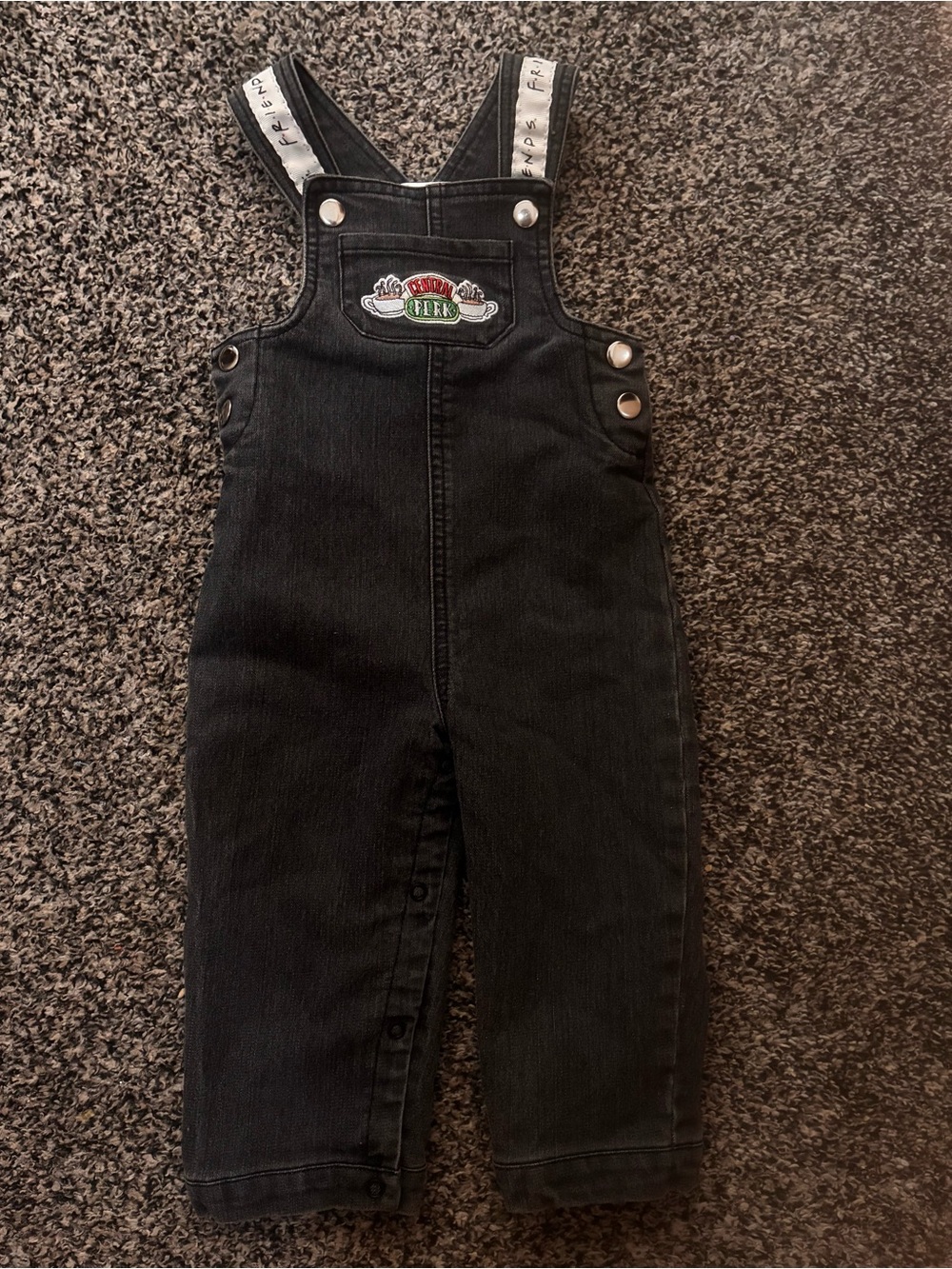 FRIENDS Black Denim Overalls with Green & Red Patch